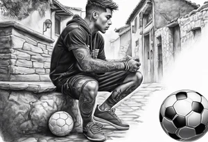 Joven viendo su pueblo natal con un balón de fútbol  con el número 7 en su espalda para la pantorrilla tattoo idea