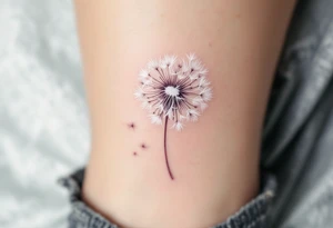 Dandelion puff rendered in soft white over pale gray shading, floating into barely-there seed trails on the ankle. tattoo idea