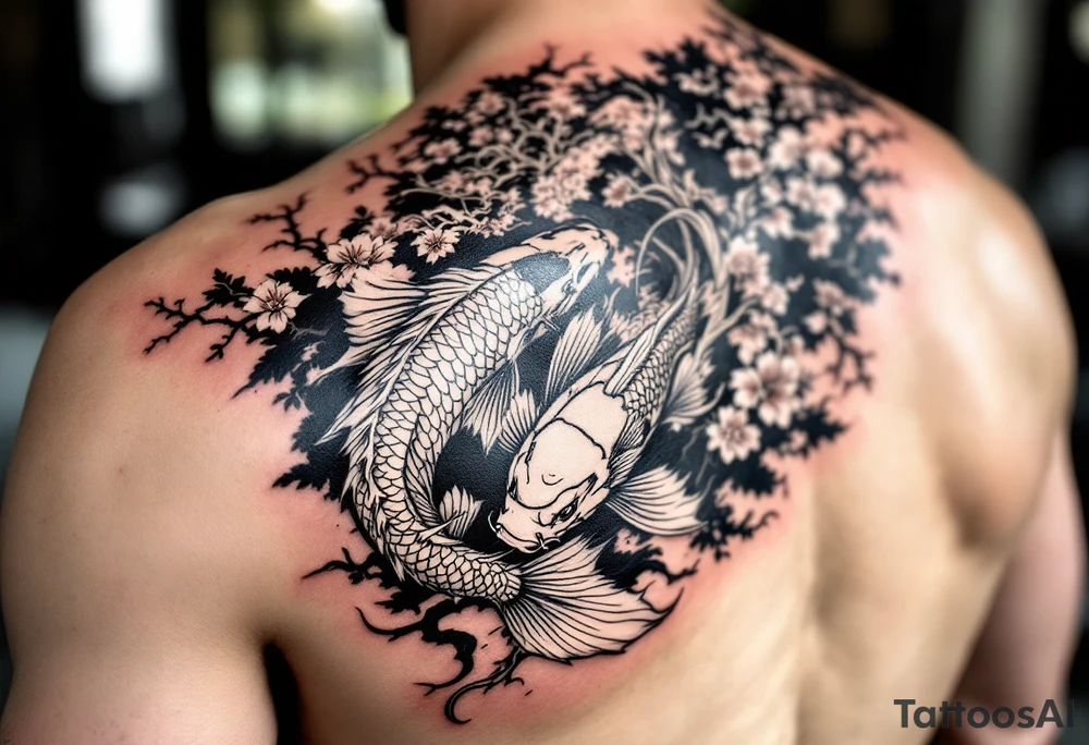 koi fish fighting a dragon with a sakura tree in the background, Japanese inspired piece tattoo idea
