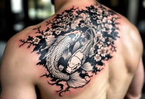 koi fish fighting a dragon with a sakura tree in the background, Japanese inspired piece tattoo idea