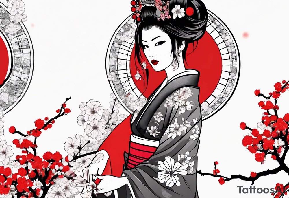 trash polka geisha red sun cherry blossoms tattoo idea