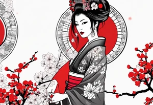 trash polka geisha red sun cherry blossoms tattoo idea