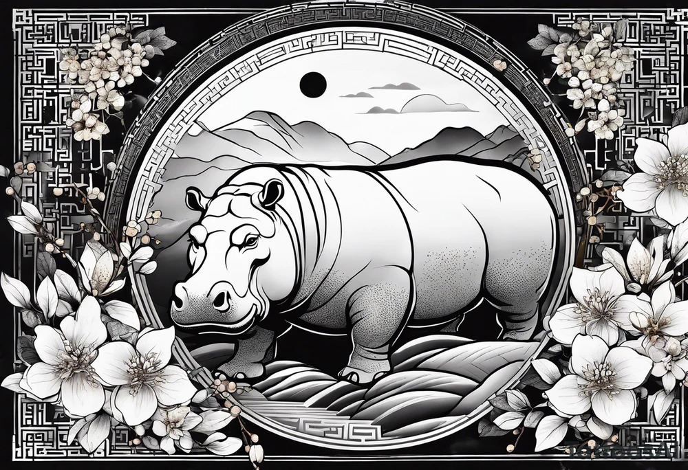 Asymmetrical, geometric, chinese ink art touch, hippo , full moon, wintersweet flower, light , modify from my favourite, ratio 9:16 tattoo idea