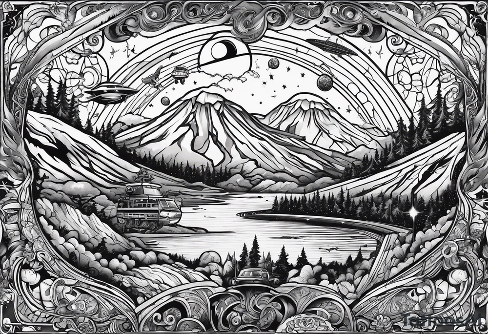 Full Arm Sleeve
Top arm space themed with aliens black holes ufos and rockets
Mid arm slow transition to the sky with airplanes flying around
bottom arm and hand i want it to be the blue ridge parkway with animals local to that area tattoo idea
