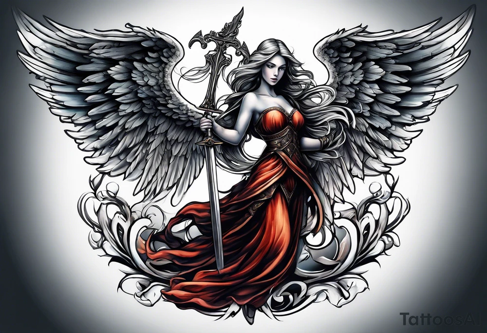 Angel with sword drawn tattoo idea