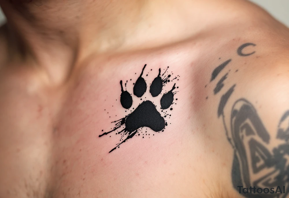 Inky Brushstroke Paw Prints – Artistic black ink splashes and rough brushstroke texture surrounding each paw, evoking movement and creative spirit. tattoo idea
