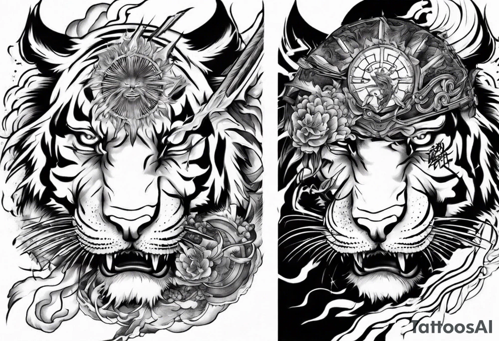 tiger warrior with lightning and the sun for a forearm sleeve tattoo idea