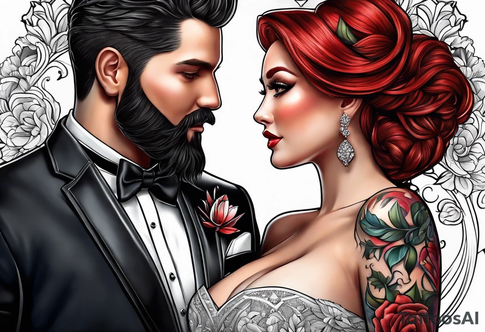 Busty red haired woman with a bearded man who has black hair getting married tattoo idea