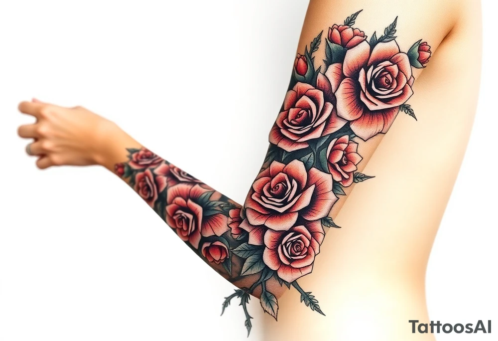 Nashika with roses surrounding with thorns tattoo idea