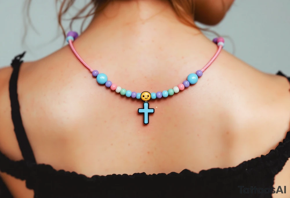 Cheerful cartoon‑style each glossy bead a bright pastel (alternating sky‑blue, mint‑green, and soft lavender), linked by smooth bubble‑gum‑pink cord; the small cross charm at the end is a rounded, chibi‑proportioned golden yellow with a friendly smiley face and tiny sparkles to accent the playful, lighthearted vibe—overall rendered with bold black outlines and subtle cell‑shading for a lively, animated look. tattoo idea