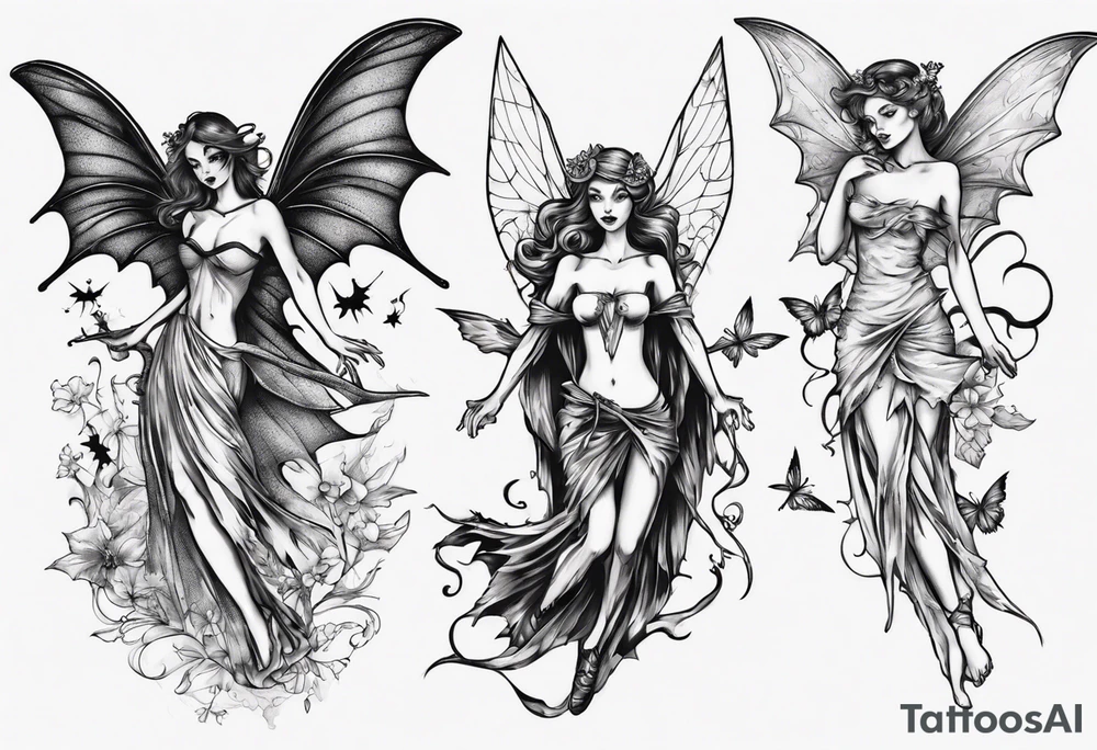 Fairy flying with bat tattoo idea