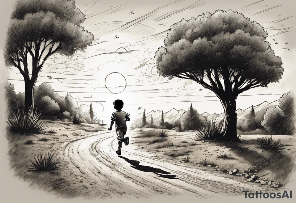 a male child running on a dirt road.
the child is running away towards a sun that is being hugged by a hammer.
on the left side of the dirt road pointing at the child ak47 and rpg.
on the right side there are trees.
under the sun clouds form the date 07.10.2023 tattoo idea