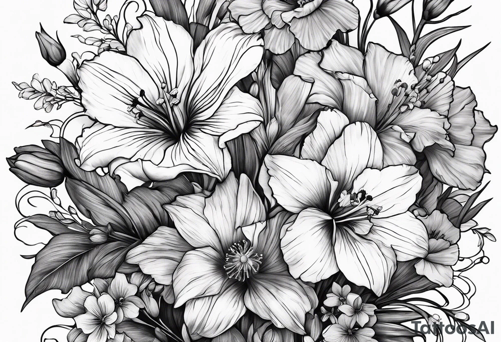 Tied flower bouquet with Violet, Daffodil, Gladiolus, Poppy, Cosmos tattoo idea