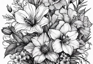 Tied flower bouquet with Violet, Daffodil, Gladiolus, Poppy, Cosmos tattoo idea