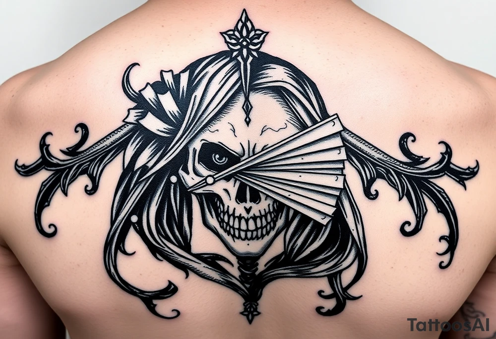Samaria girl half face and half skeleton with a fan across her face tattoo idea