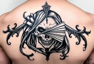 Samaria girl half face and half skeleton with a fan across her face tattoo idea
