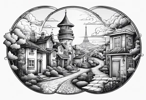 sky town with tower small houses gate entrance 
 in circle transparent clouds  vignette tattoo idea