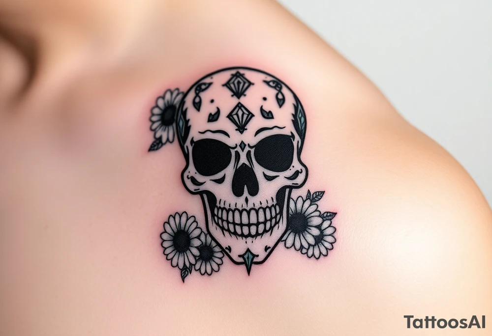 Masculine sugar skull with diamonds and daisies tattoo idea