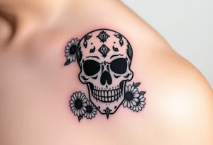 Masculine sugar skull with diamonds and daisies tattoo idea