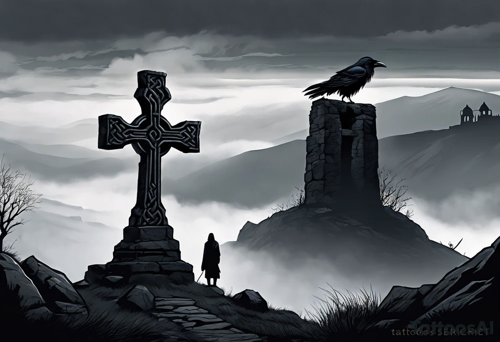 A stone Celtic cross solemnly standing atop a hill, a raven perches atop the cross staring out over the desolation. A ruined stone wall lies crumbling near the cross. Mist rolls along the hilltops adding to the melancholic nature of the scene tattoo idea