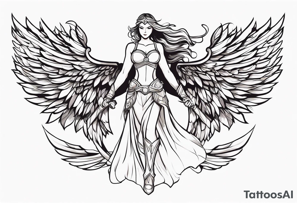 The full body of a Valkyrie with wings flying tattoo idea