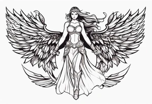 The full body of a Valkyrie with wings flying tattoo idea