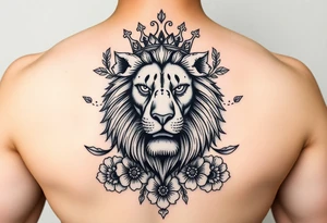powerful majestic lion with a crown, surrounded by floral ornaments tattoo idea