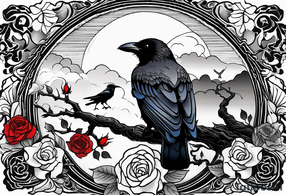 A stormy night with a tree of life, a rose garden, and a raven in the sky tattoo idea