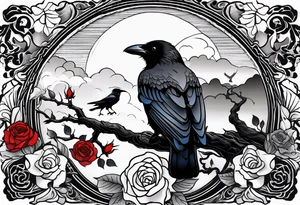 A stormy night with a tree of life, a rose garden, and a raven in the sky tattoo idea