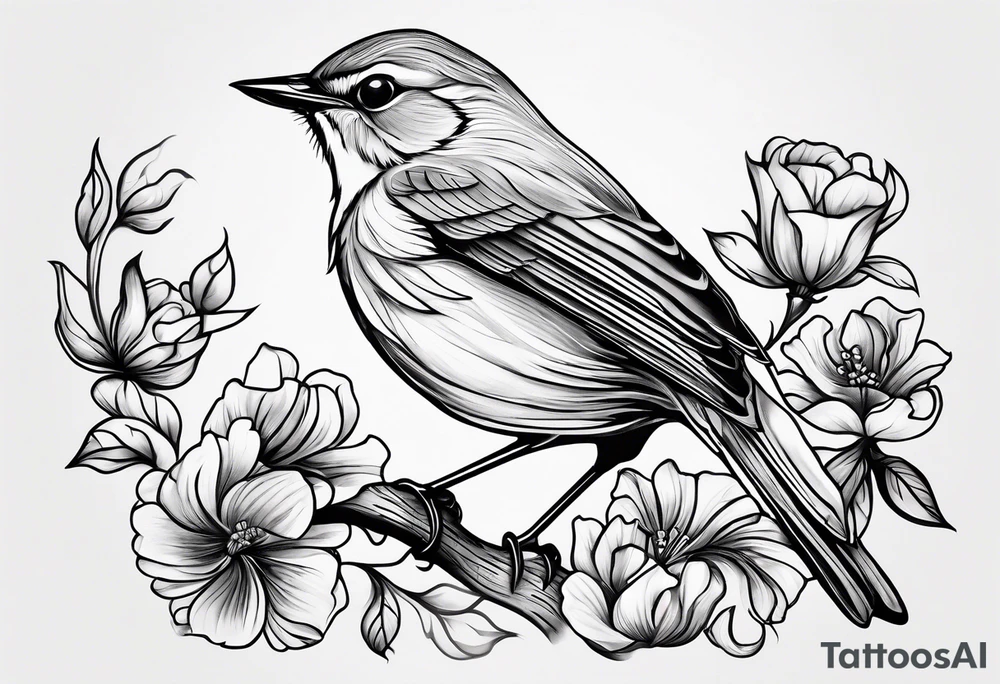 Design a small, elegant tattoo of a nightingale in a gentle pose, surrounded by soft musical notes or floral elements tattoo idea