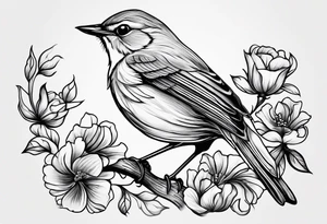 Design a small, elegant tattoo of a nightingale in a gentle pose, surrounded by soft musical notes or floral elements tattoo idea