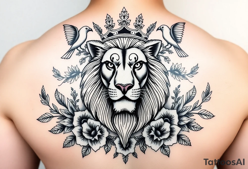 powerful majestic lion with a crown, surrounded by floral ornaments and birds tattoo idea
