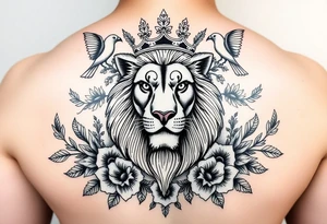powerful majestic lion with a crown, surrounded by floral ornaments and birds tattoo idea