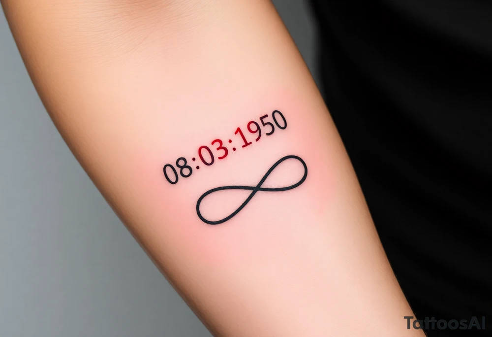 “Quero uma tatuagem no antebraço, simples e pequena. Deve ter a data de nascimento do meu avô 08/03/1950 escrita em vermelho, seguida de um traço reto e, à frente, o símbolo de infinito em preto com detalhes em branco. O design deve ser minimalista, com letras elegantes e proporcionais, mantendo um aspeto discreto.” tattoo idea