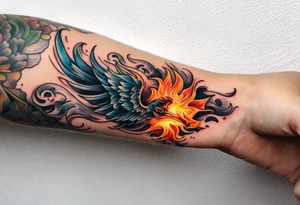 Flame tattoo on wrist of hand that is reaching out for another hand tattoo idea
