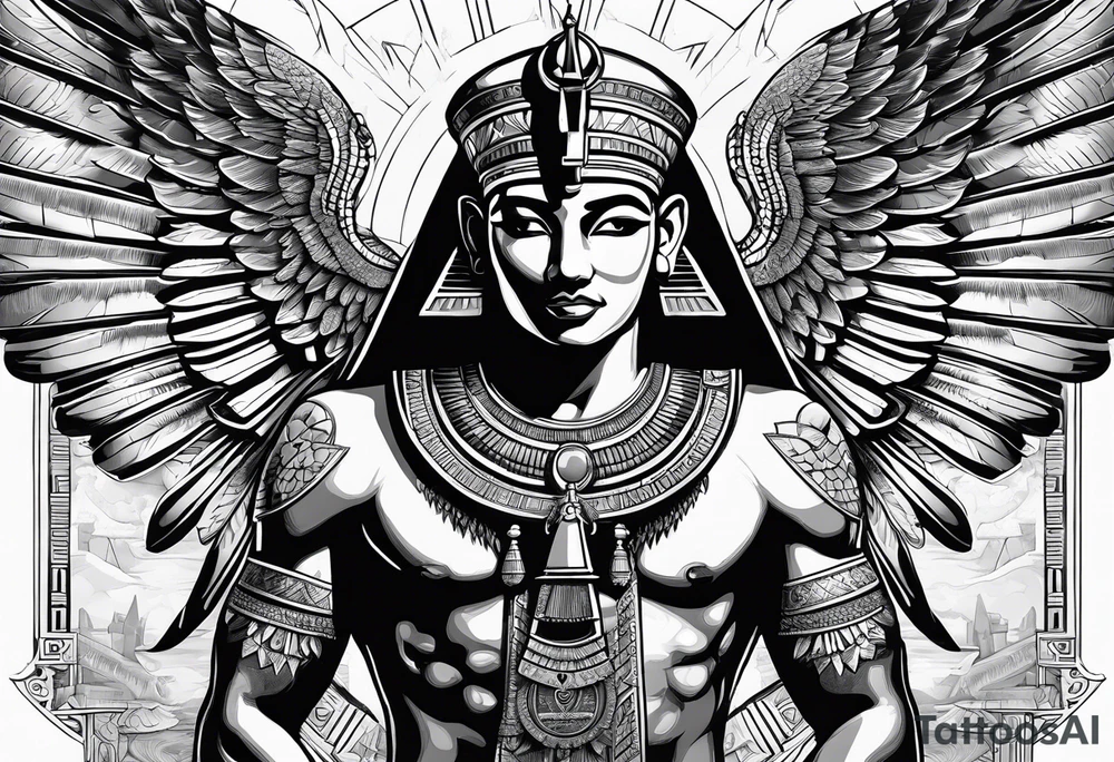 Egyptian god with wings overlooking the pyramids with a goddess face underneath tattoo idea