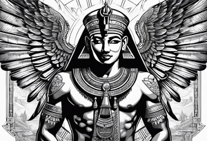 Egyptian god with wings overlooking the pyramids with a goddess face underneath tattoo idea