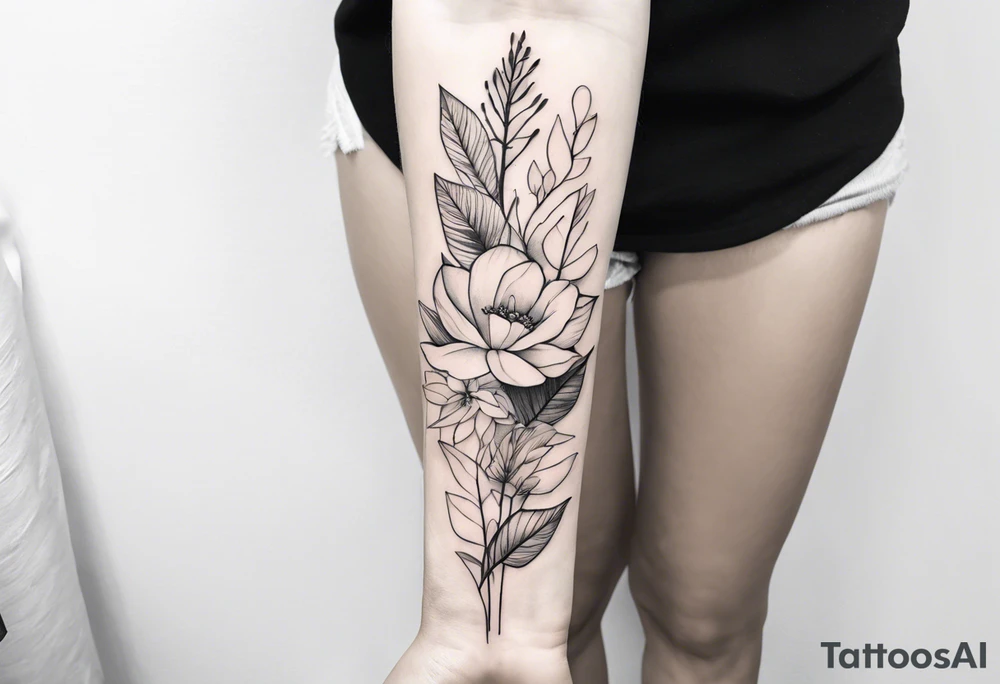 Verticle arm placement of soft flowers and leaves forearm tattoo idea