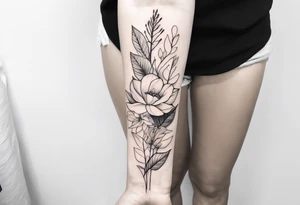 Verticle arm placement of soft flowers and leaves forearm tattoo idea