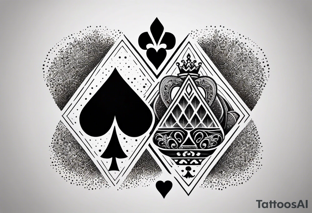 one combined tatto in minimalistic style with icon style three king of spades and icon style one queen of hearts. extreme minimalstic and few lines. much more minimalistic and fewer lines tattoo idea