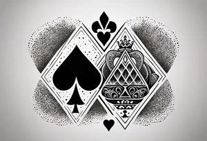 one combined tatto in minimalistic style with icon style three king of spades and icon style one queen of hearts. extreme minimalstic and few lines. much more minimalistic and fewer lines tattoo idea