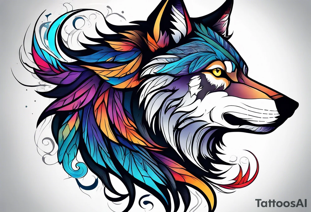 a colorful wolf with a Raven tattoo idea