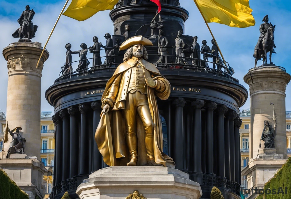 In the foreground stands the majestic figure of Duke de Richelieu, the renowned governor, pointing forward as if commanding the waves of the Black Sea. Surrounding him are symbols of Odesa - a ship's wheel representing the city's maritime heritage, a lighthouse beacon guiding seafarers, and the monumental Potemkin Stairs descending to the port. In the background, the waves of the Black Sea, intrinsic to Odesa's coastal identity, seem to applaud its grandeur. This tattoo embodies the unique spirit of Odesa, its rich history, and inseparable bond with the sea. tattoo idea