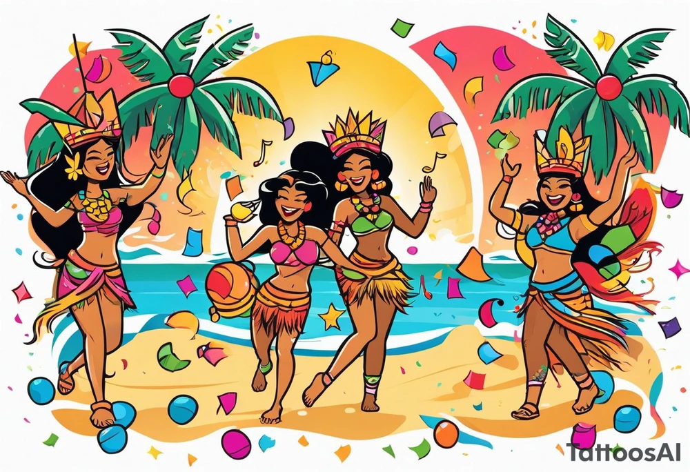 beach party scene with tiki gods and hulu girls dancing include music notes and confetti. leave a blank area in the middle of the image tattoo idea
