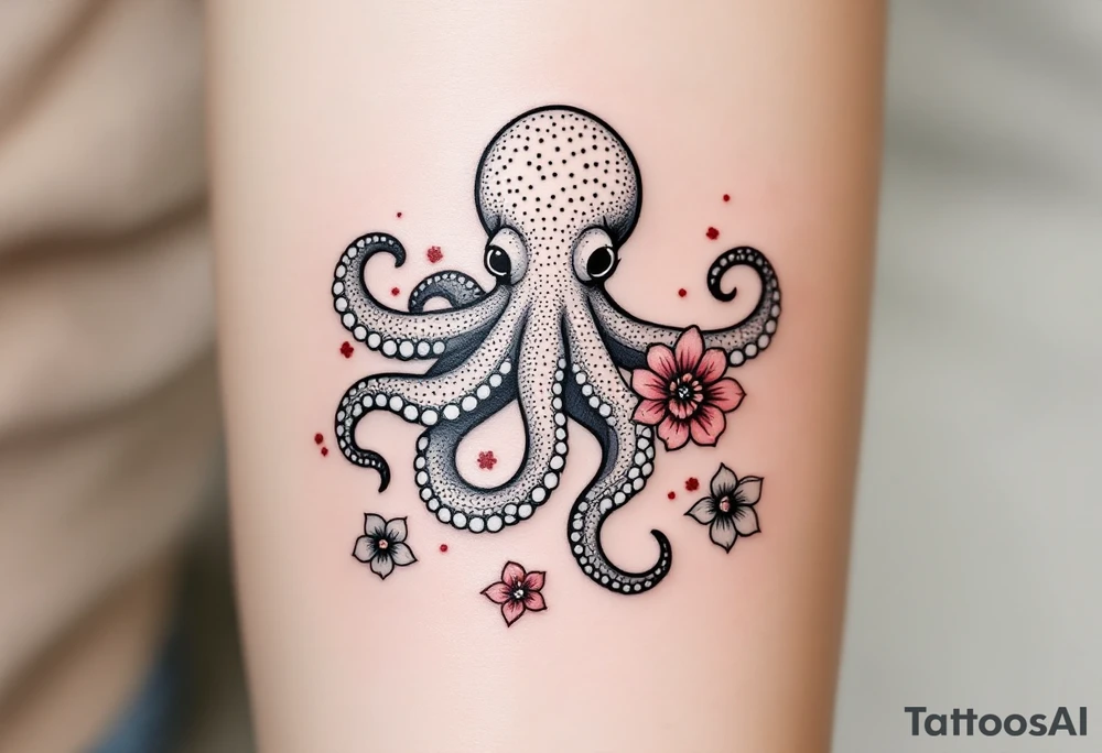 A small realistic black and grey tattoo of an octopus, cute, with detailed shading and soft linework, showing the octopus with swirling tentacles, on light skin. ornamental flowers around with red ink. The style is minimalistic and elegant, resembling fine-line tattoo with a shadow tattoo idea