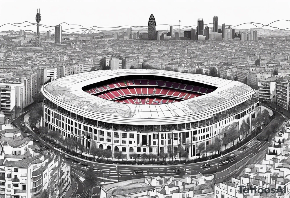 Barcelona cityscape with culture and music and fc Barcelona stadium tattoo idea