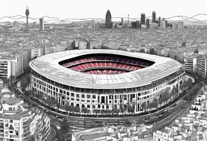 Barcelona cityscape with culture and music and fc Barcelona stadium tattoo idea