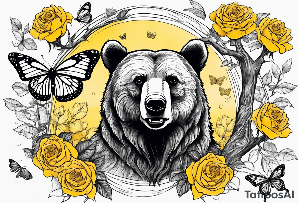 Bear under the tree of life with yellow roses and three butterflies for an upper arm tattoo. tattoo idea