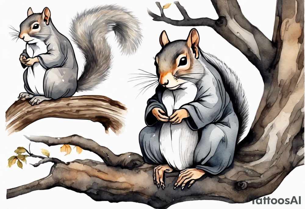 an elderly grey squirrel with a long beard wearing a black robe, meditating on a tree branch with eyes closed tattoo idea