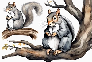 an elderly grey squirrel with a long beard wearing a black robe, meditating on a tree branch with eyes closed tattoo idea
